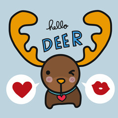 Hello deer cartoon illustration on blue background