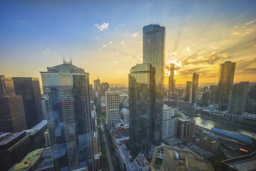 An aerial view of Melbourne cityscape at sunrise