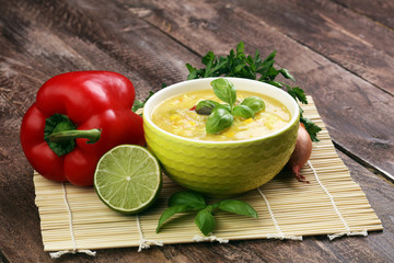 Thai soup. Khao Soi , Northern Style Curried Noodle Soup with Ch