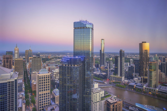 An aerial view of Melbourne cityscape at sunrise