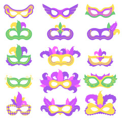 Set with mardi gras mask with color feather. Bundle with icon colorful props for carnival or theater. © garikprost