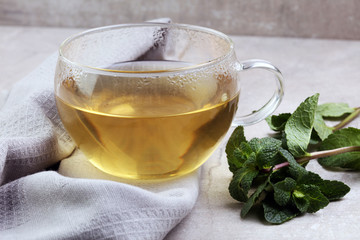 Tea. Herbal tea. Mint leaf. Tea in a glass cup, mint leaves, dri