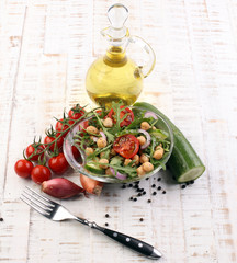 Healthy homemade chickpea and veggies salad, arugula, diet, vege