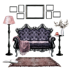 Living Room with Bohemian Chic Interior - Watercolor Illustration.