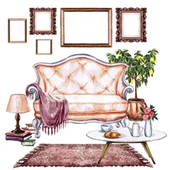 Gordijnen Living Room with Bohemian Chic Interior - Watercolor Illustration. © nataliahubbert