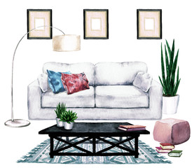 Living Room Design with Natural Neutral Interior - Watercolor Illustration.