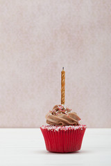 Colorful Homemade Birthday Cupcake With One Golden Burning Candl