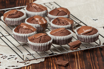Homemade Cocoa Muffins With Chocolate Cream. Natural Linen Napki