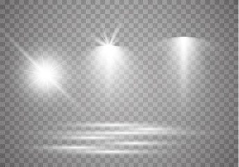 Set of golden glowing lights effects isolated on transparent background. Sun flash with rays and spotlight. Glow light effect. Star burst with sparkles.