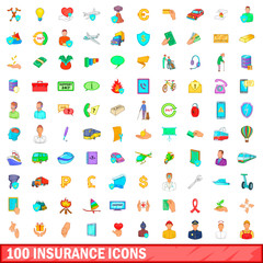 100 insurance icons set, cartoon style