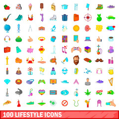 100 lifestyle icons set, cartoon style