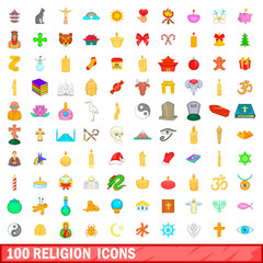 100 religion icons set, cartoon style
