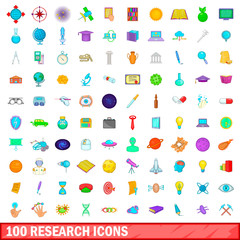 100 research icons set, cartoon style