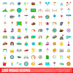 100 road icons set, cartoon style