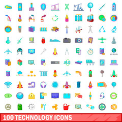 100 technology icons set, cartoon style