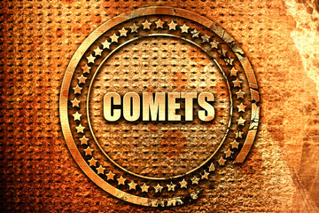 comets, 3D rendering, text on metal