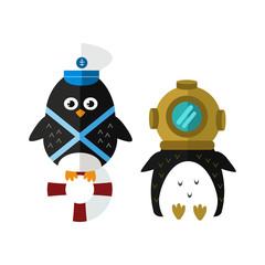 Penguin sailor vector animal character illustration.