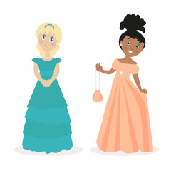 Two girls in evening dresses. Female outfit for a holiday or outlet. Flat character isolated on white background. Vector, illustration EPS10.