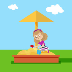 Girl with shovel and bucket playing in the sandbox. Flat character. Vector, illustration EPS10.