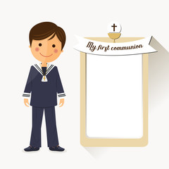 First communion child on square background with message