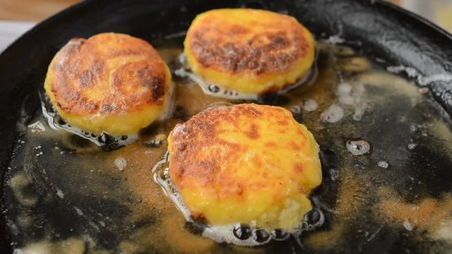 We pan fry cheesecakes. Cast-iron frying pan.