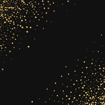 Gold confetti. Scatter abstract corners on black background. Vector illustration.