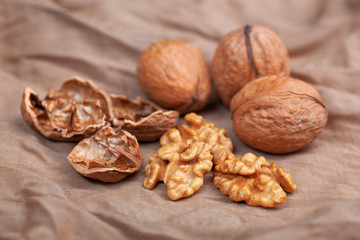 Walnut without shell close-up, and nuts in the shell