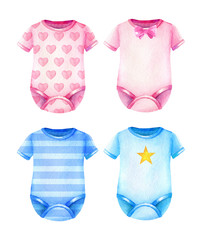 Baby clothes. Boys and girls clothes. Watercolor illustration