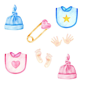 Baby clothes. Boys and girls hats, bibs. Kids accessories. Watercolor illustration