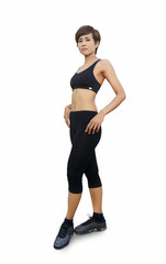 Full-length portrait of a sport woman posing with her hands on hips isolated on white background