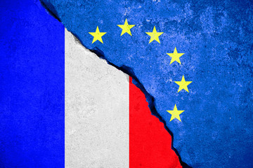 frexit blue european union EU flag on broken wall and half france flag,exit concept