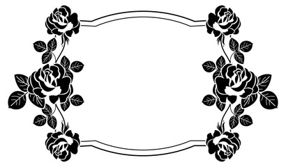 Black and white frame with stylized roses silhouettes. Vector clip art.
