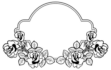 Black and white round frame with stylized roses silhouettes. Vector clip art.