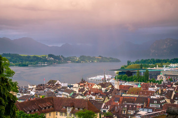 Aerial view of Lucern at sunset, Switzerland