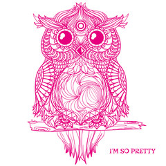 Owl. Design Zentangle. Detailed hand drawn vintage owl with abstract patterns on isolation background. Zen art. Owl sits on tree branch. Graphic design.