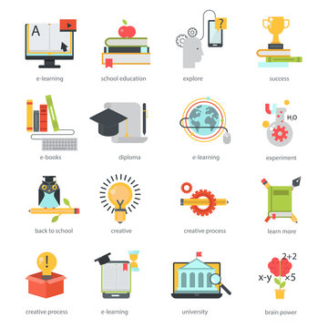 Online education icons vector set distance school symbols.