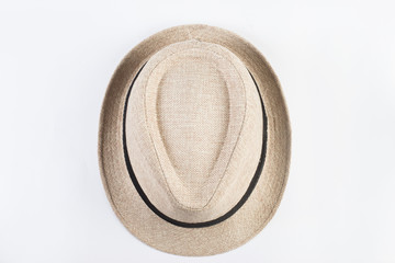 Top view of straw hat isolated on white background.