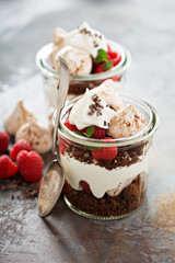 Layered dessert with chocolate cake and whipped cream