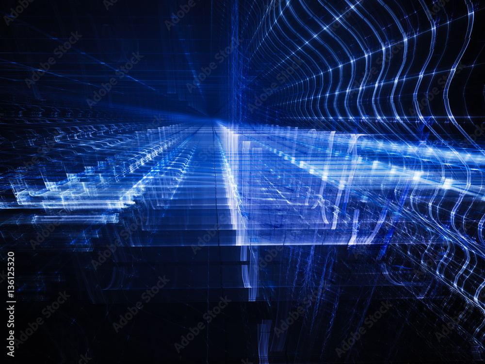 Poster abstract background element. fractal graphics. three-dimensional composition of glowing grids and wa