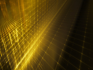 Obraz premium Abstract background element. Three-dimensional composition of glowing grids and wave shapes. Science and technology concept. Golden yellow and black colors.
