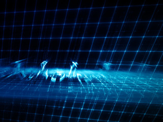 Abstract background element. Three-dimensional composition of glowing grids and wave shapes. Science and technology concept. Blue and black colors.