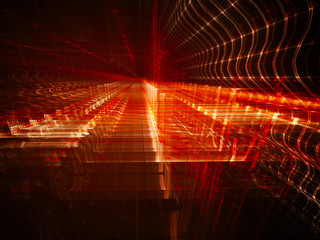 Abstract background element. Fractal graphics. Three-dimensional composition of glowing grids and wave forms. Information technology or science concept. Red and black colors.