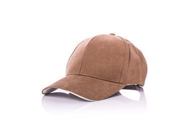 Close up new brown baseball hat. Studio shot isolated on white