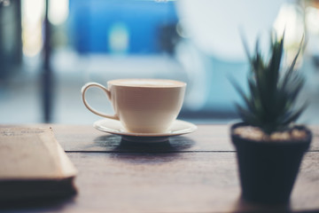 Hot fresh coffee with small green cactus plant on table at cafe.