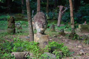 Broken statues of Buddha in a forest temple 