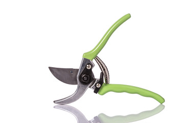 New green secateurs. Studio shot isolated on white