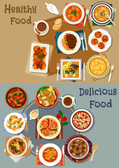 Portuguese cuisine dishes icon set for menu design