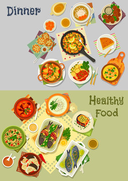 Healthy vegetarian and baked fish dishes icon set