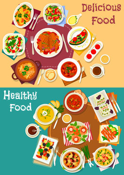 Popular dishes for dinner icon set for food design