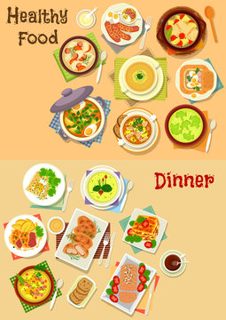 Healthy food for lunch and dinner icon set